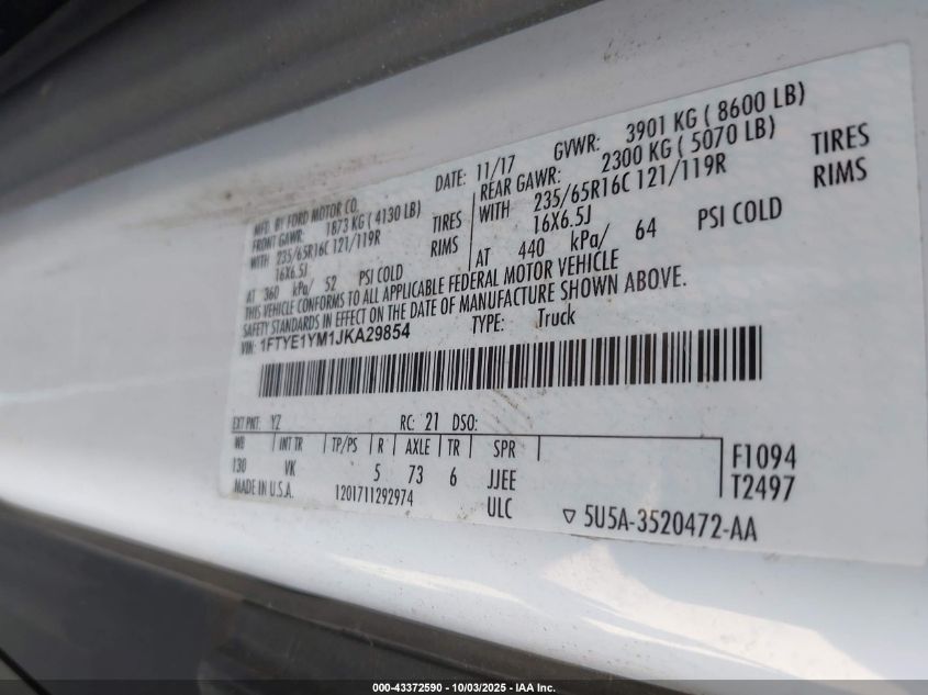 2018 Ford Transit-150 VIN: 1FTYE1YM1JKA29854 Lot: 43372590