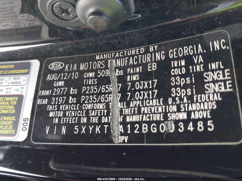 2011 Kia Sorento Lx VIN: 5XYKT4A12BG093485 Lot: 43372599