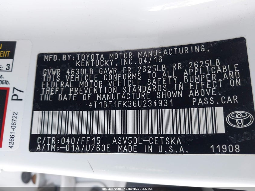 2016 TOYOTA CAMRY SE - 4T1BF1FK3GU234931