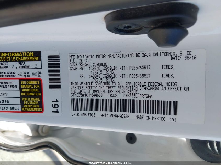 2017 Toyota Tacoma Trd Sport VIN: 3TMCZ5ANXHM044669 Lot: 43372613