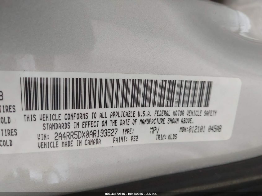2010 Chrysler Town & Country Touring VIN: 2A4RR5DX0AR193527 Lot: 43372616