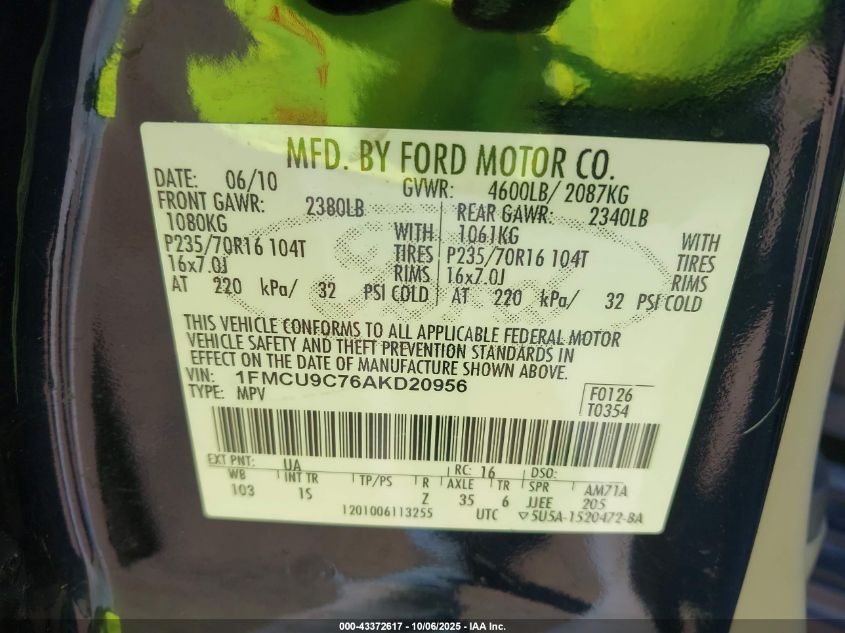 2010 Ford Escape Xls VIN: 1FMCU9C76AKD20956 Lot: 43372617