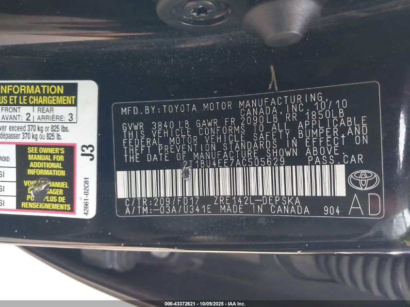 2010 Toyota Corolla S VIN: 2T1BU4EE7AC505629 Lot: 43372621