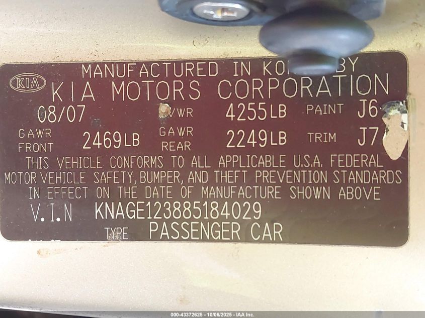 2008 Kia Optima Lx VIN: KNAGE123885184029 Lot: 43372625