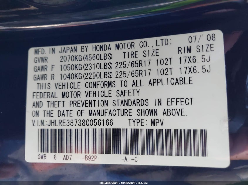 2008 Honda Cr-V Ex-L VIN: JHLRE38738C056166 Lot: 43372626