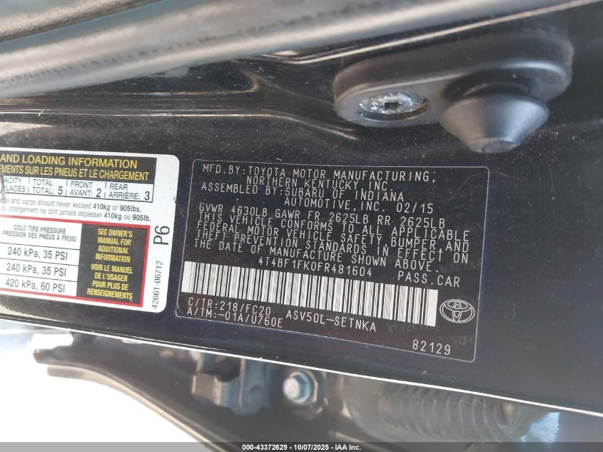 2015 Toyota Camry Le VIN: 4T4BF1FK0FR481604 Lot: 43372629