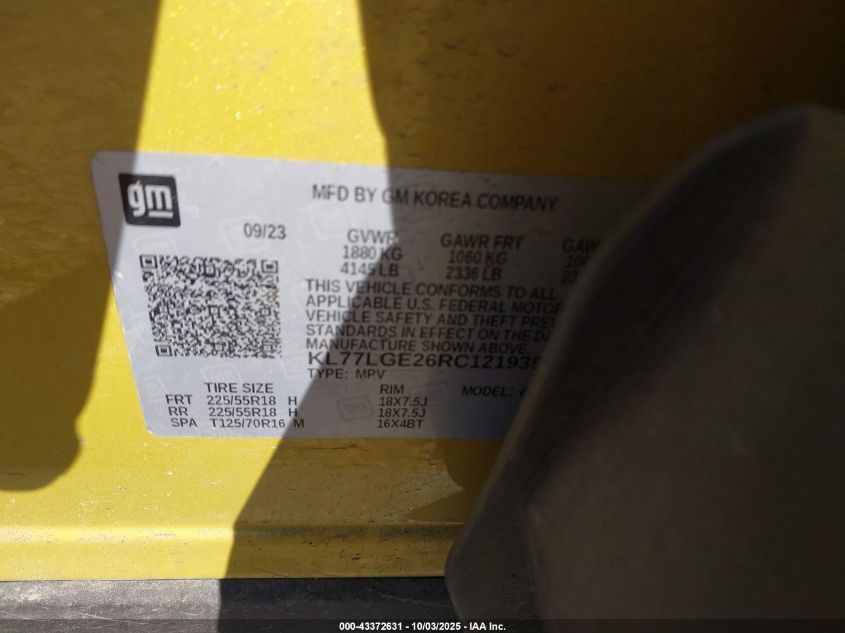 2024 Chevrolet Trax Fwd 1Rs VIN: KL77LGE26RC121939 Lot: 43372631