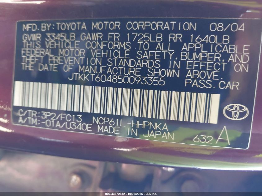 2005 Scion Xa VIN: JTKKT604850093355 Lot: 43372632