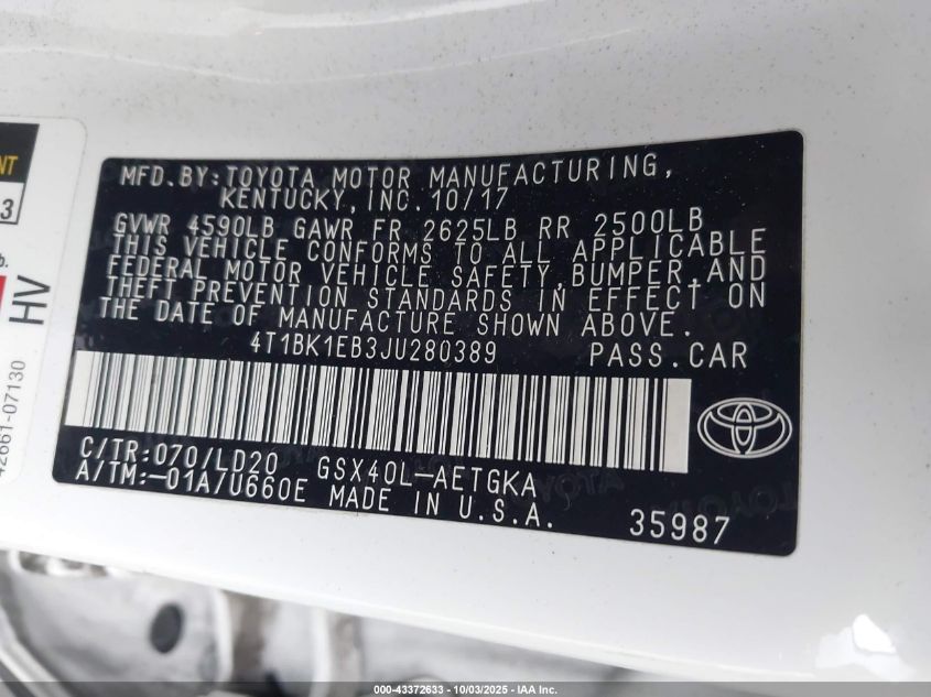 2018 Toyota Avalon Xle VIN: 4T1BK1EB3JU280389 Lot: 43372633