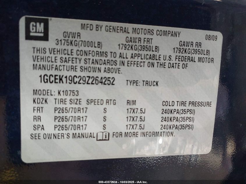 2009 Chevrolet Silverado 1500 Ls VIN: 1GCEK19C29Z264252 Lot: 43372634