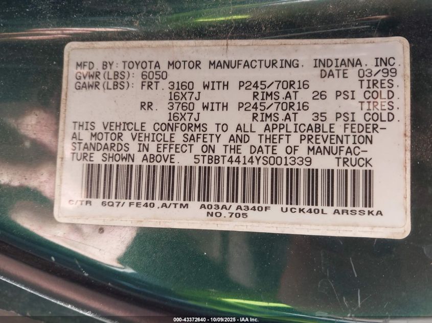 2000 Toyota Tundra Sr5 V8 VIN: 5TBBT4414YS001339 Lot: 43372640