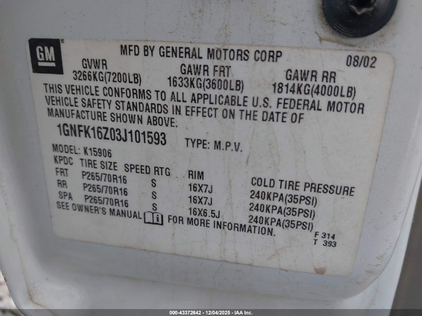 2003 Chevrolet Suburban 1500 Lt VIN: 1GNFK16Z03J101593 Lot: 43372642