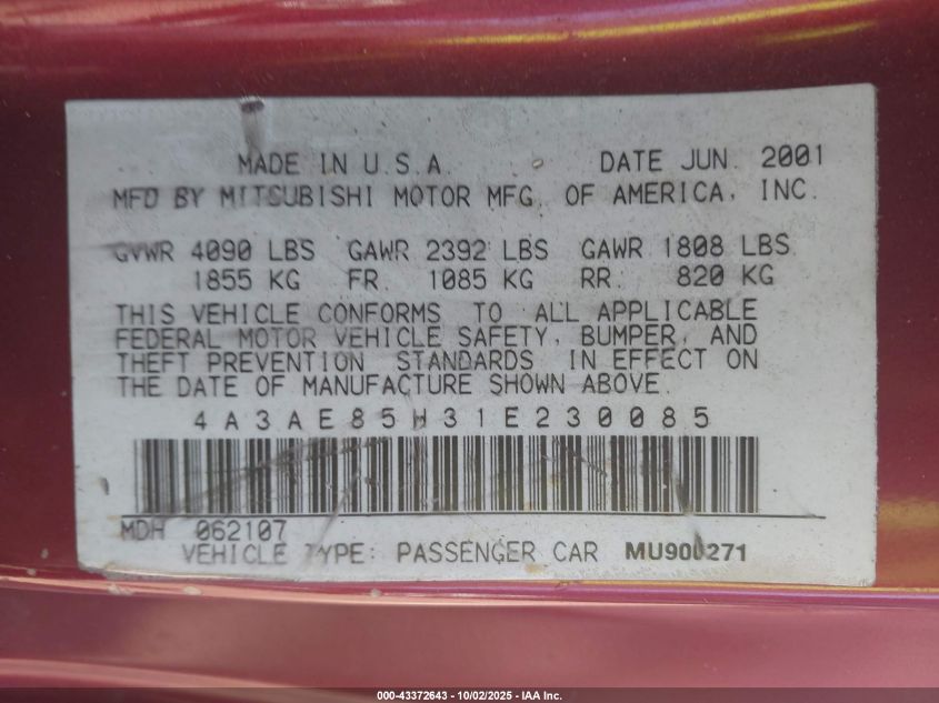 2001 Mitsubishi Eclipse Spyder Gt VIN: 4A3AE85H31E230085 Lot: 43372643
