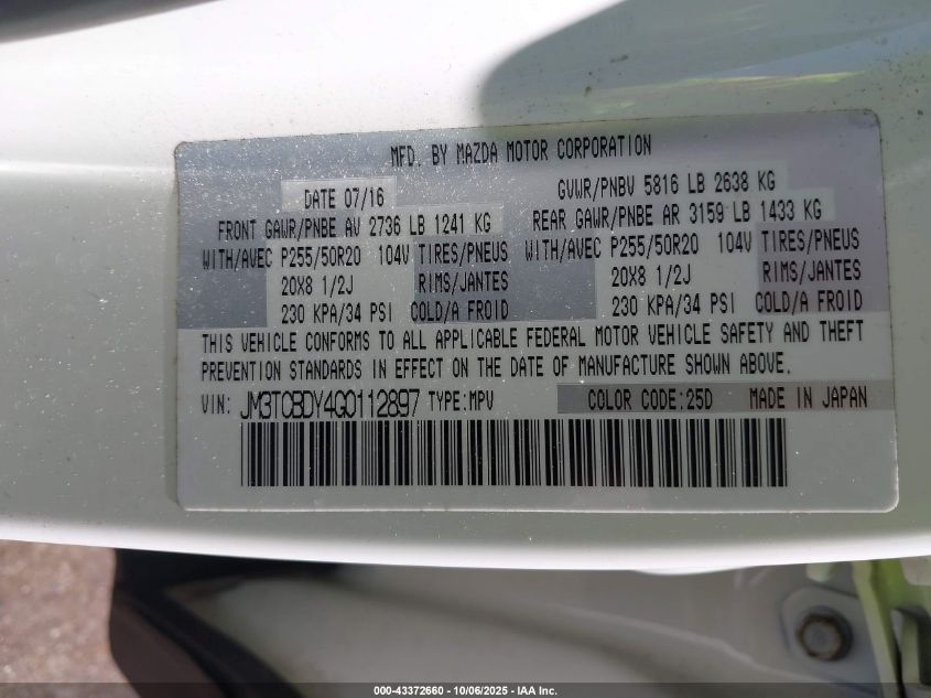 2016 Mazda Cx-9 Grand Touring VIN: JM3TCBDY4G0112897 Lot: 43372660