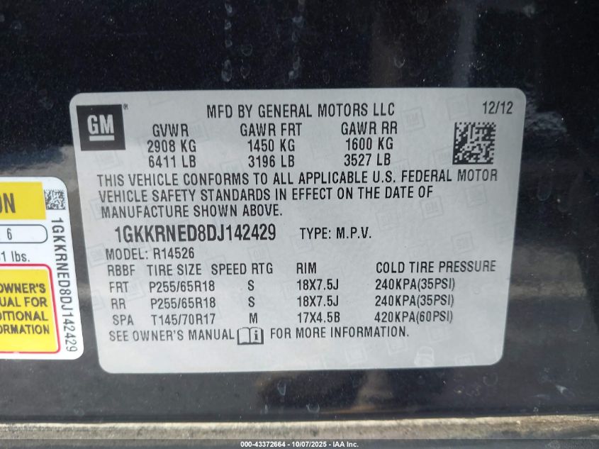 2013 GMC Acadia Sle-1 VIN: 1GKKRNED8DJ142429 Lot: 43372664