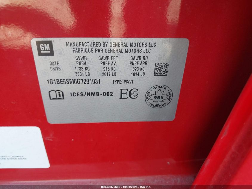 2016 Chevrolet Cruze Lt Auto VIN: 1G1BE5SM6G7291931 Lot: 43372665