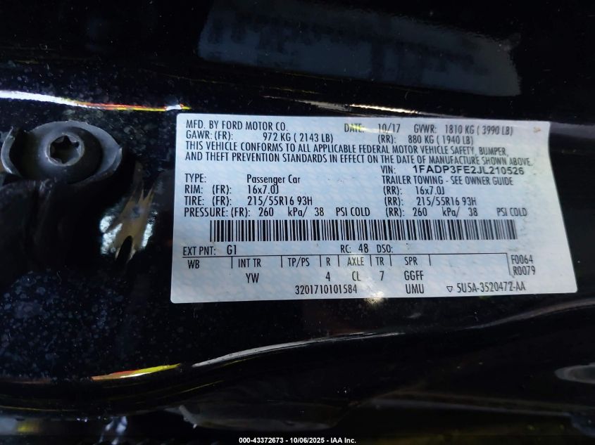 2018 Ford Focus Se VIN: 1FADP3FE2JL210526 Lot: 43372673