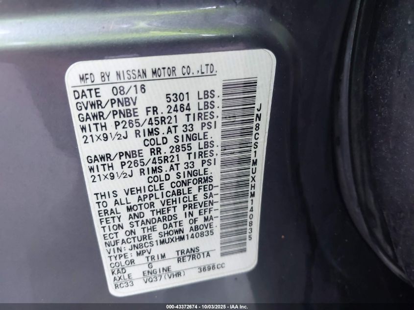 2017 Infiniti Qx70 VIN: JN8CS1MUXHM140835 Lot: 43372674