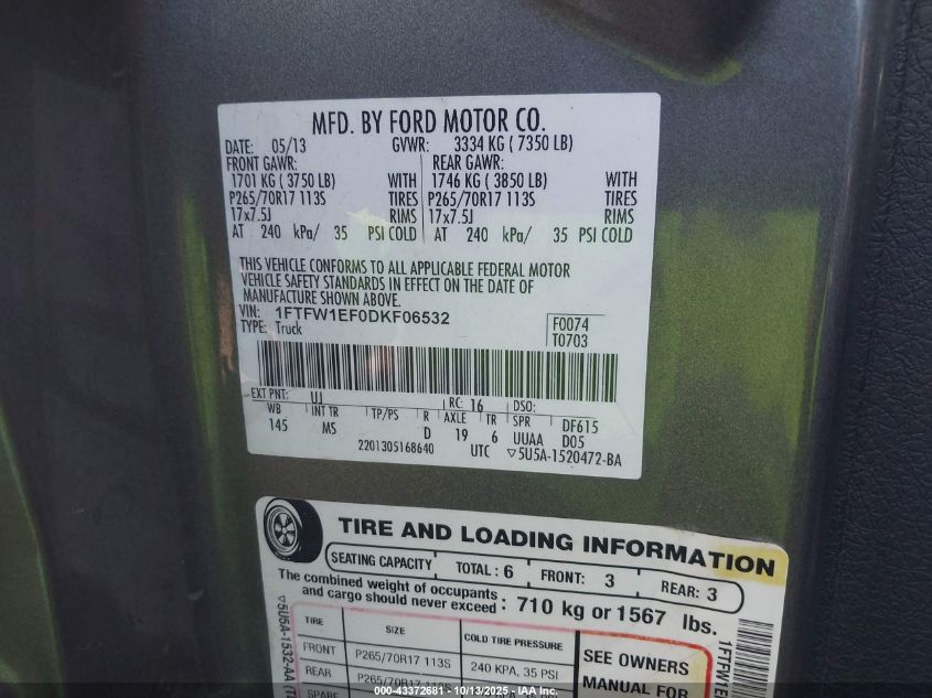 2013 Ford F-150 Xlt VIN: 1FTFW1EF0DKF06532 Lot: 43372681