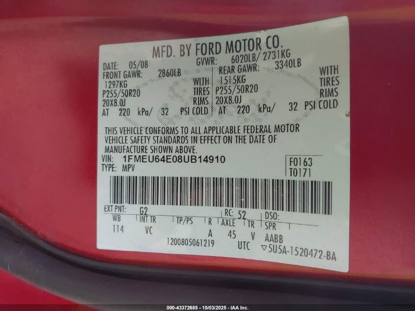 2008 Ford Explorer Eddie Bauer VIN: 1FMEU64E08UB14910 Lot: 43372685