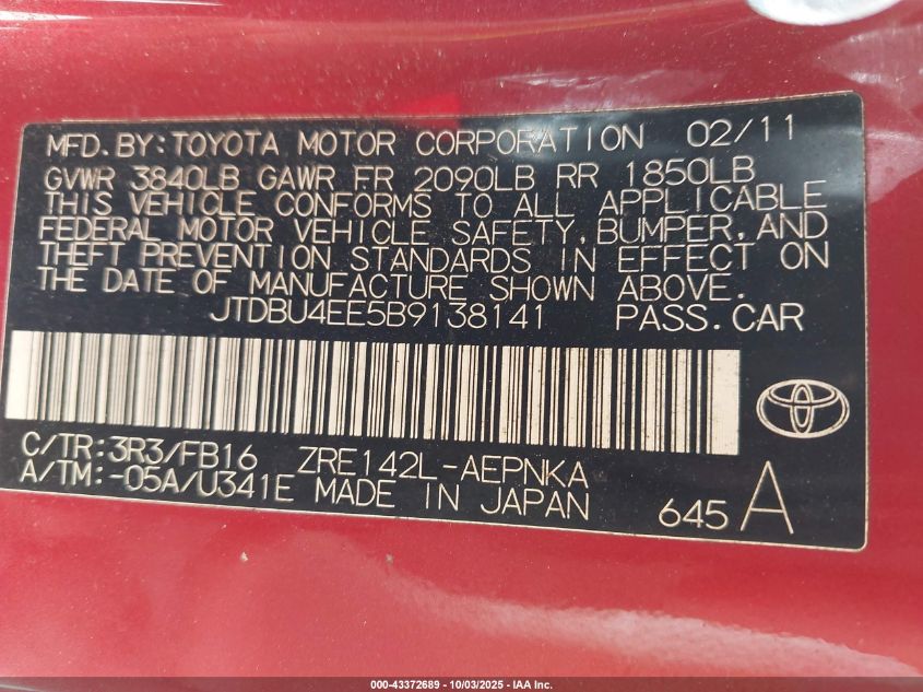 2011 Toyota Corolla Le VIN: JTDBU4EE5B9138141 Lot: 43372689