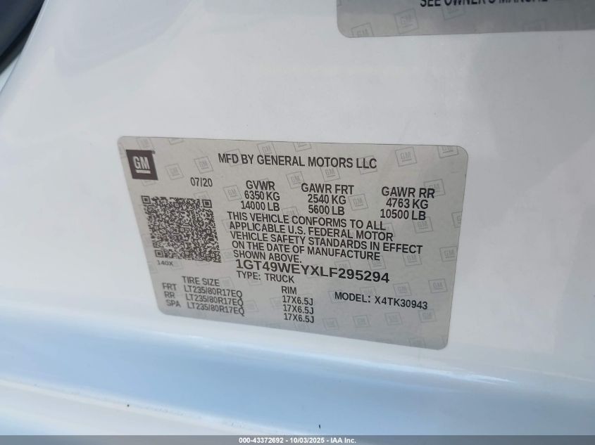 2020 GMC Sierra 3500Hd 4Wd Long Bed Denali VIN: 1GT49WEYXLF295294 Lot: 43372692