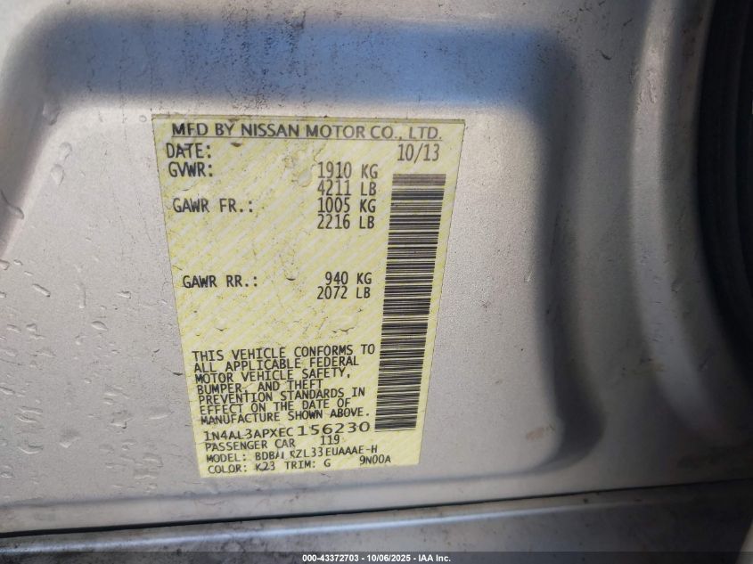 2014 Nissan Altima 2.5 S VIN: 1N4AL3APXEC156230 Lot: 43372703