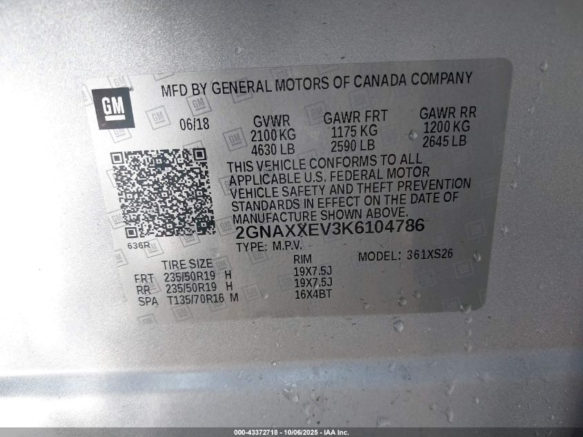 2019 Chevrolet Equinox Premier VIN: 2GNAXXEV3K6104786 Lot: 43372718