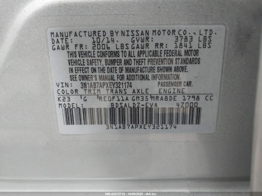 2014 Nissan Sentra Sv VIN: 3N1AB7APXEY321174 Lot: 43372719