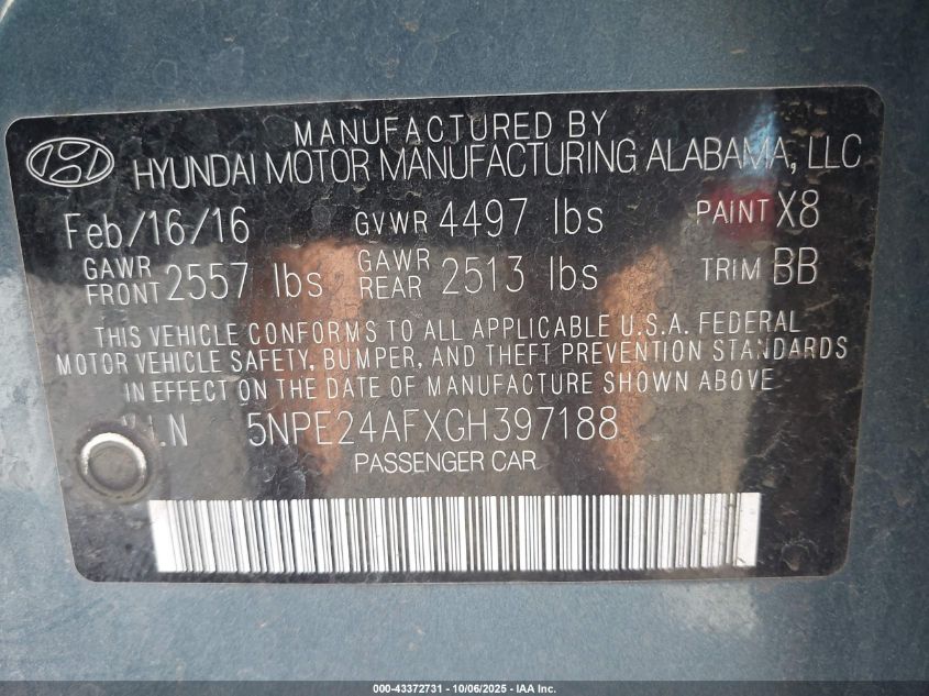 2016 Hyundai Sonata Se VIN: 5NPE24AFXGH397188 Lot: 43372731