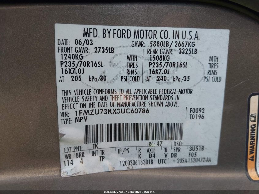 2003 Ford Explorer Nbx/Xlt VIN: 1FMZU73KX3UC60786 Lot: 43372735