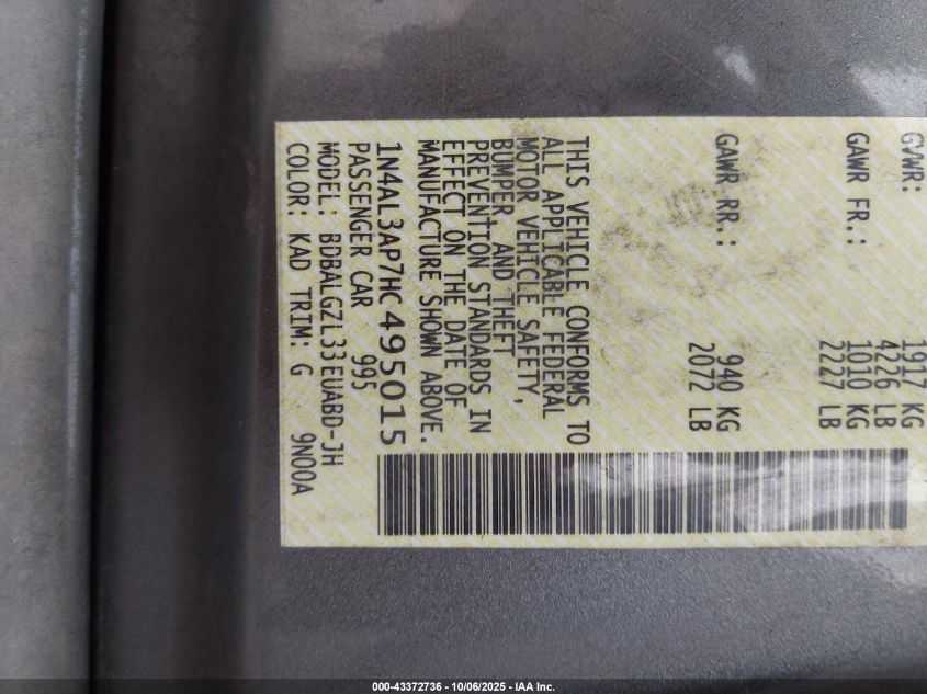 2017 Nissan Altima 2.5 S VIN: 1N4AL3AP7HC495015 Lot: 43372736