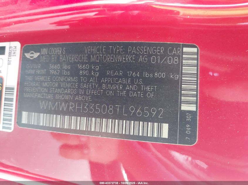 2008 Mini Cooper S VIN: WMWRH33508TL96592 Lot: 43372738