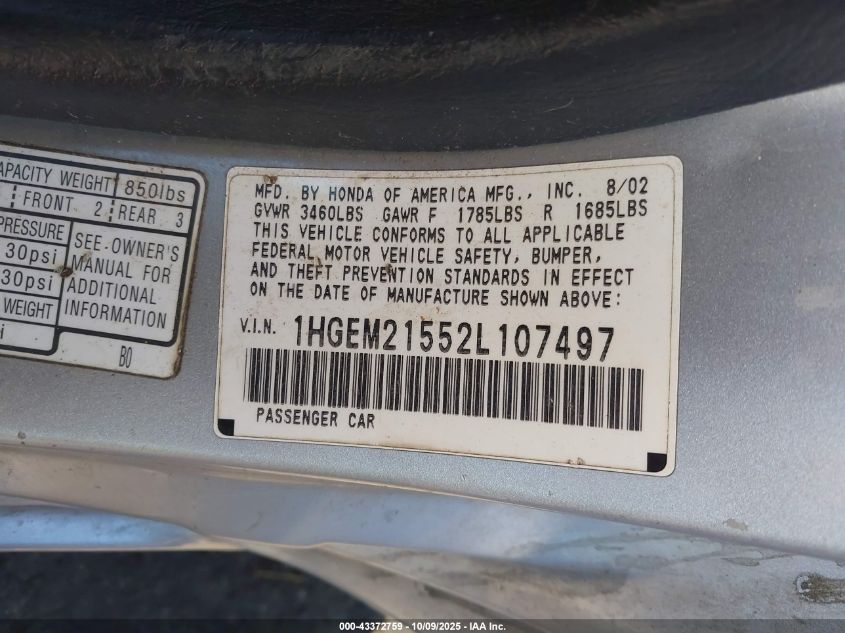 2002 Honda Civic Lx VIN: 1HGEM21552L107497 Lot: 43372759