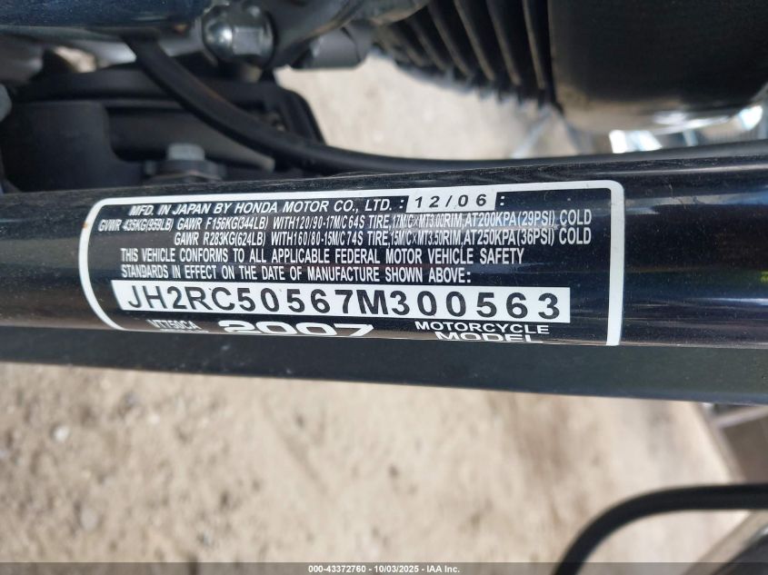 2007 Honda Vt750 VIN: JH2RC50567M300563 Lot: 43372760