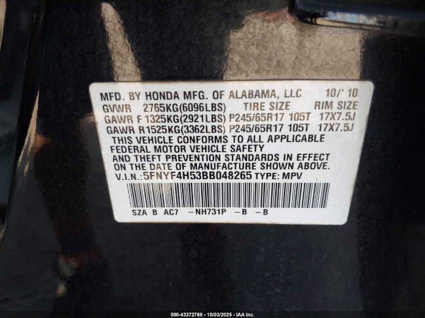 2011 Honda Pilot Ex-L VIN: 5FNYF4H53BB048265 Lot: 43372768