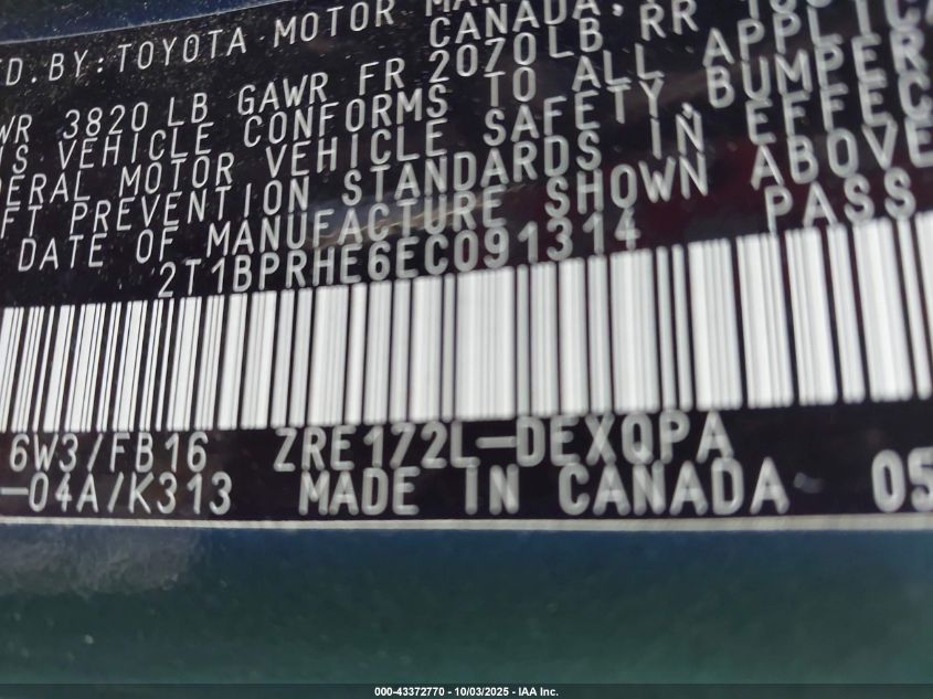 2014 Toyota Corolla Le Eco VIN: 2T1BPRHE6EC091314 Lot: 43372770