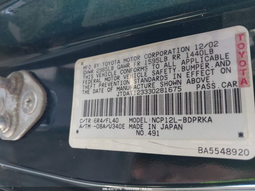 2003 Toyota Echo VIN: JTDAT123330281675 Lot: 43372774