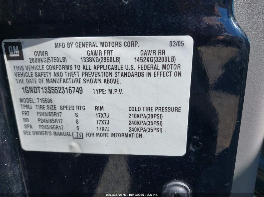 2005 Chevrolet Trailblazer Lt VIN: 1GNDT13S552316749 Lot: 43372775