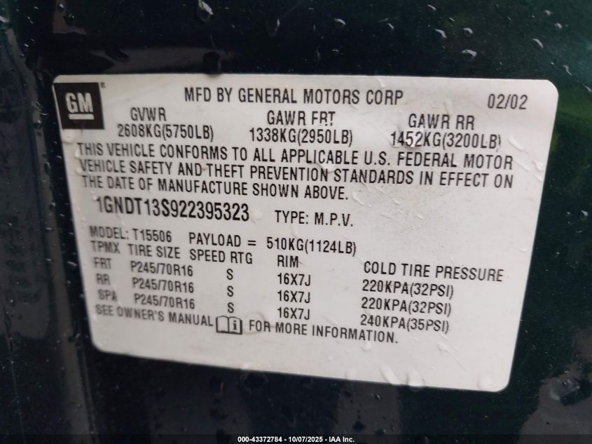 2002 Chevrolet Trailblazer Ls VIN: 1GNDT13S922395323 Lot: 43372784