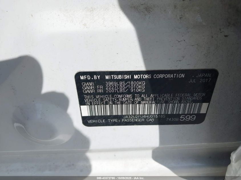 2017 Mitsubishi Lancer Es VIN: JA32U2FU4HU015185 Lot: 43372786