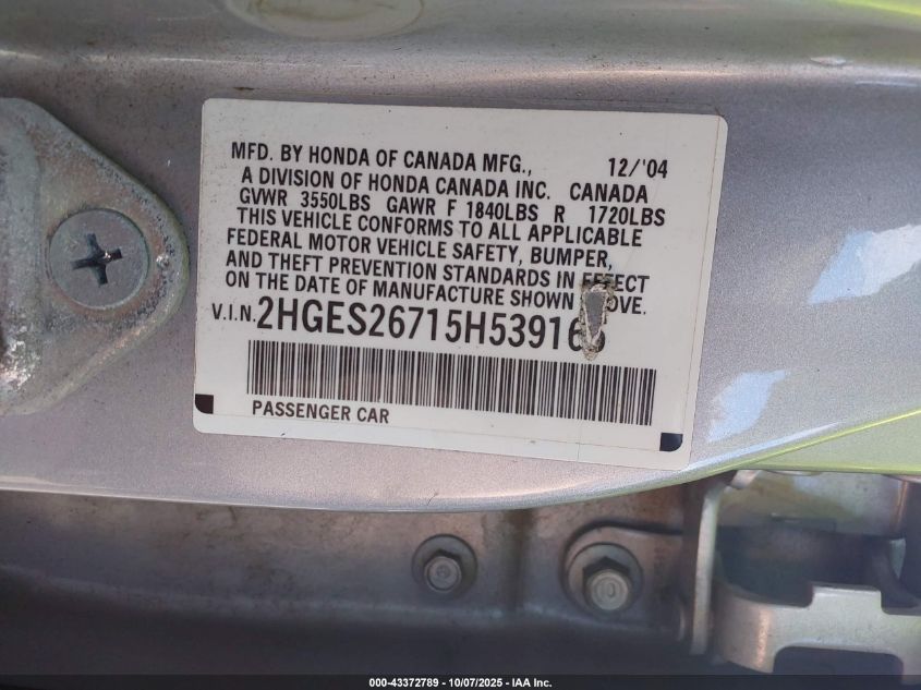 2005 Honda Civic Ex VIN: 2HGES26715H539165 Lot: 43372789