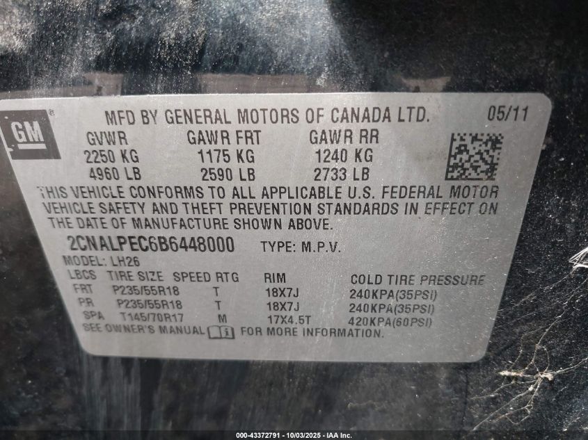 2011 Chevrolet Equinox 2Lt VIN: 2CNALPEC6B6448000 Lot: 43372791