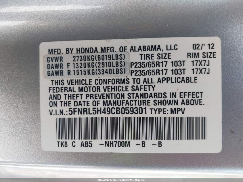 2012 Honda Odyssey Ex VIN: 5FNRL5H49CB059301 Lot: 43372796