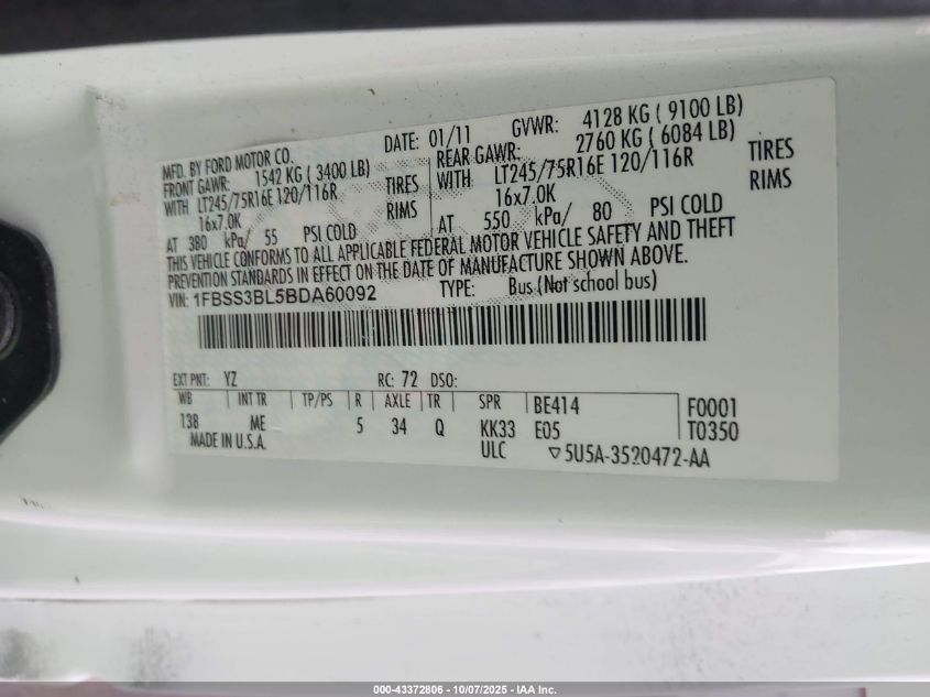 2011 Ford E-350 Super Duty Xlt VIN: 1FBSS3BL5BDA60092 Lot: 43372806