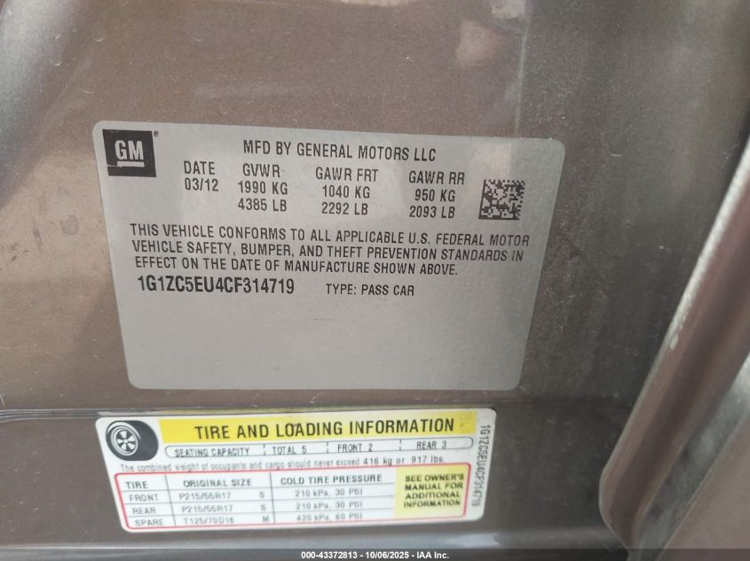 2012 Chevrolet Malibu 1Lt VIN: 1G1ZC5EU4CF314719 Lot: 43372813