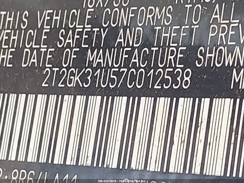 2007 Lexus Rx 350 VIN: 2T2GK31U57C012538 Lot: 43372818