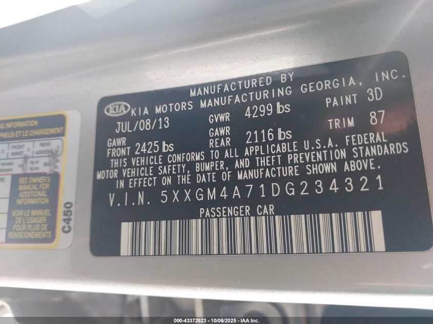 2013 Kia Optima Lx VIN: 5XXGM4A71DG234321 Lot: 43372823