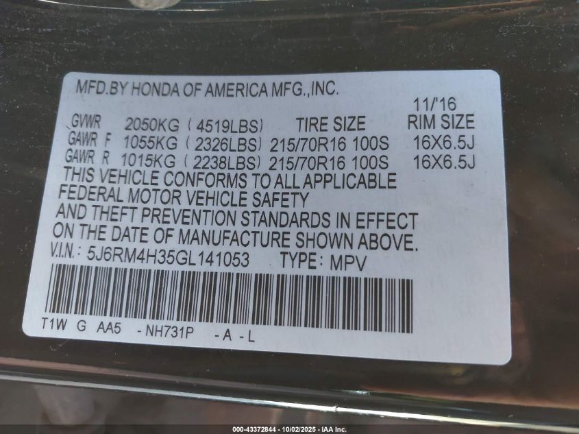 2016 Honda Cr-V Lx VIN: 5J6RM4H35GL141053 Lot: 43372844
