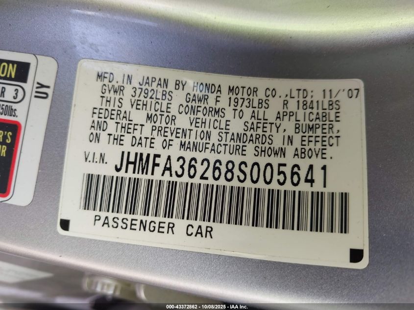 2008 Honda Civic Hybrid VIN: JHMFA36268S005641 Lot: 43372862